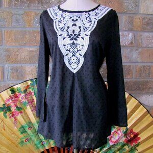 LACE FRONT TUNIC TOP, 14, BLACK & WHITE LONG SLEEVE COTTON from SPAIN
